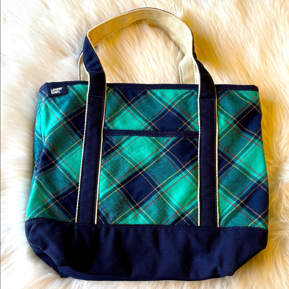 Lands' End Green and Navy Plaid Tote